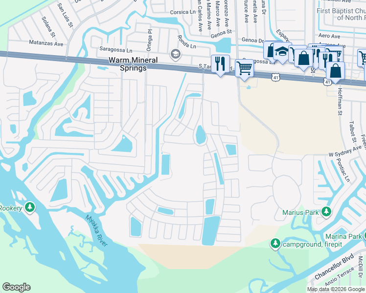 map of restaurants, bars, coffee shops, grocery stores, and more near 313 Robalo in North Port