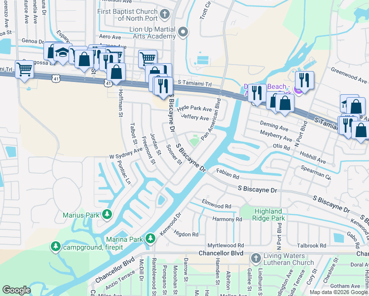 map of restaurants, bars, coffee shops, grocery stores, and more near 6390 South Biscayne Drive in North Port