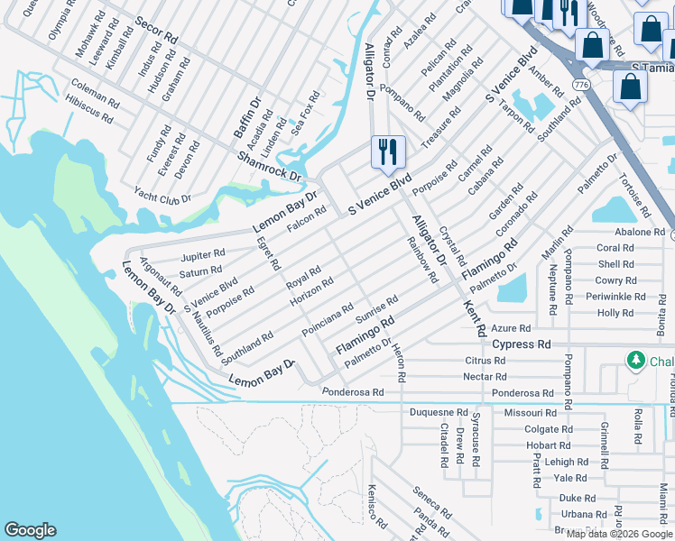 map of restaurants, bars, coffee shops, grocery stores, and more near 1140 Southland Road in Venice