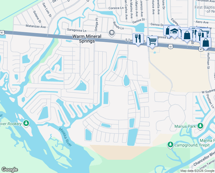 map of restaurants, bars, coffee shops, grocery stores, and more near 347 Robalo in North Port