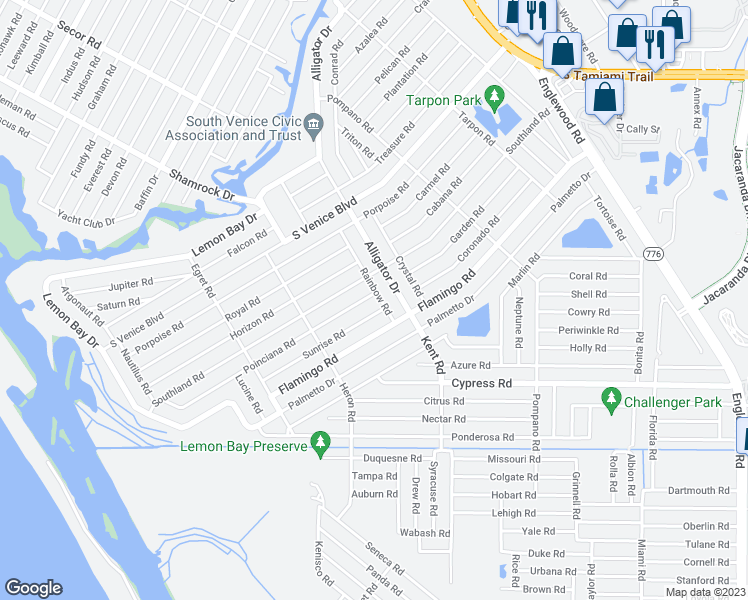 map of restaurants, bars, coffee shops, grocery stores, and more near 4688 Rainbow Road in Venice