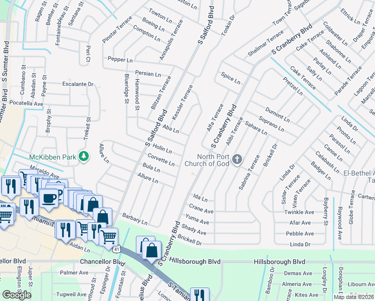 map of restaurants, bars, coffee shops, grocery stores, and more near 4855 Maccaughey Drive in North Port