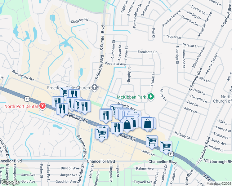 map of restaurants, bars, coffee shops, grocery stores, and more near 5388 Densaw Road in North Port