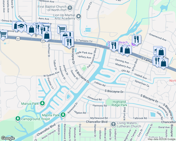 map of restaurants, bars, coffee shops, grocery stores, and more near 6318 Pan American Boulevard in North Port