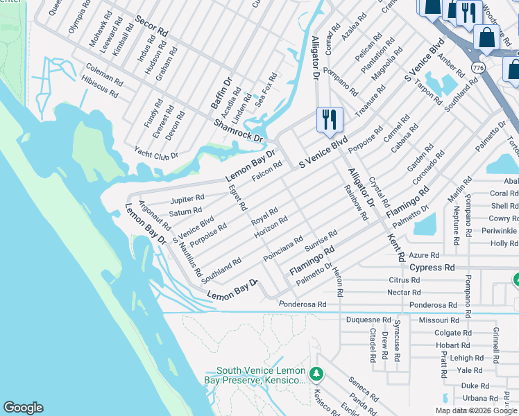 map of restaurants, bars, coffee shops, grocery stores, and more near 1170 Porpoise Road in Venice