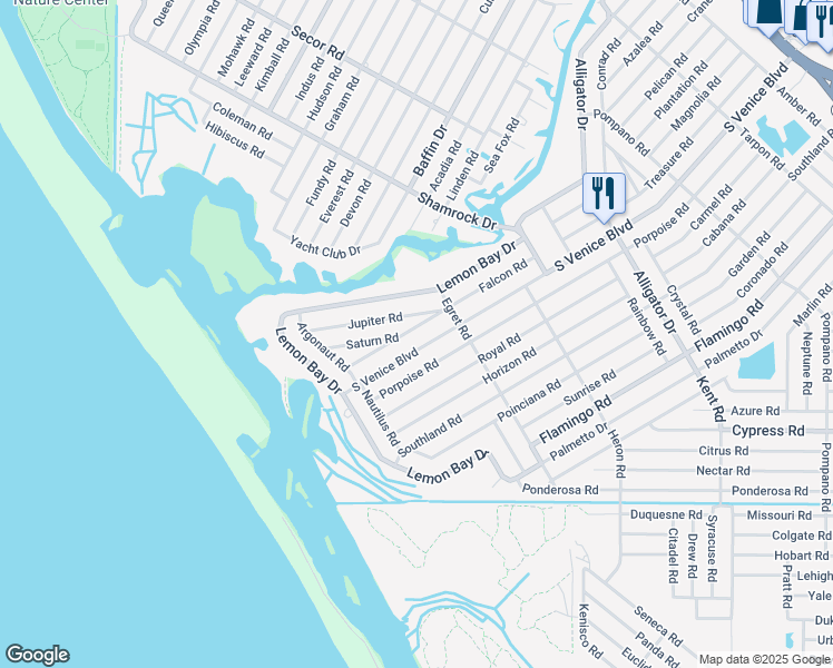 map of restaurants, bars, coffee shops, grocery stores, and more near 1423 Falcon Road in Venice