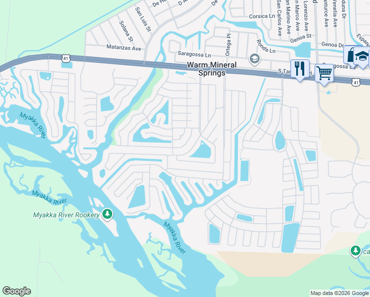 map of restaurants, bars, coffee shops, grocery stores, and more near 234 Cutter Court in Venice