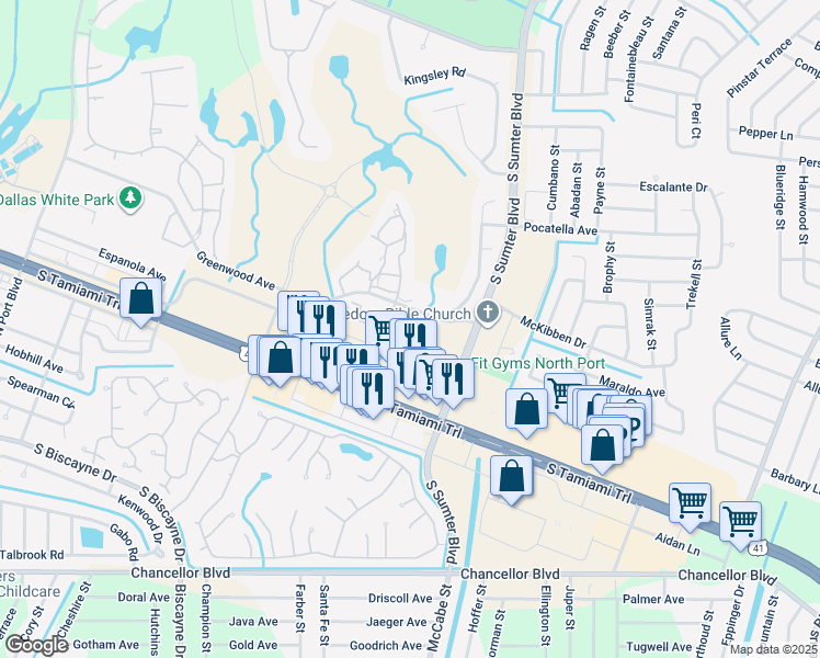 map of restaurants, bars, coffee shops, grocery stores, and more near 5101 Greenwood Avenue in North Port