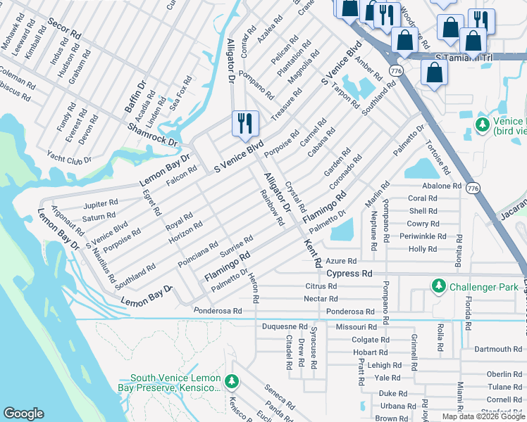 map of restaurants, bars, coffee shops, grocery stores, and more near 850 Southland Road in Venice
