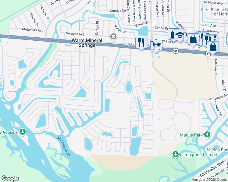 map of restaurants, bars, coffee shops, grocery stores, and more near 312 La Rosas in North Port