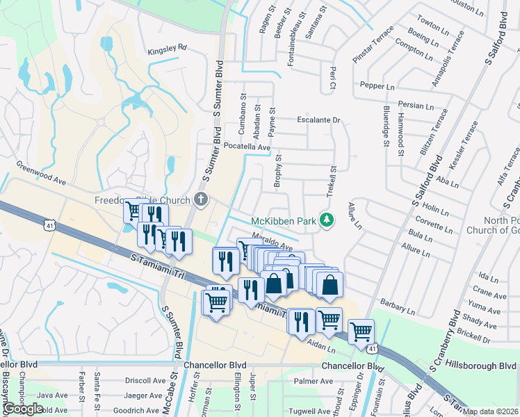 map of restaurants, bars, coffee shops, grocery stores, and more near 5269 Malamin Road in North Port