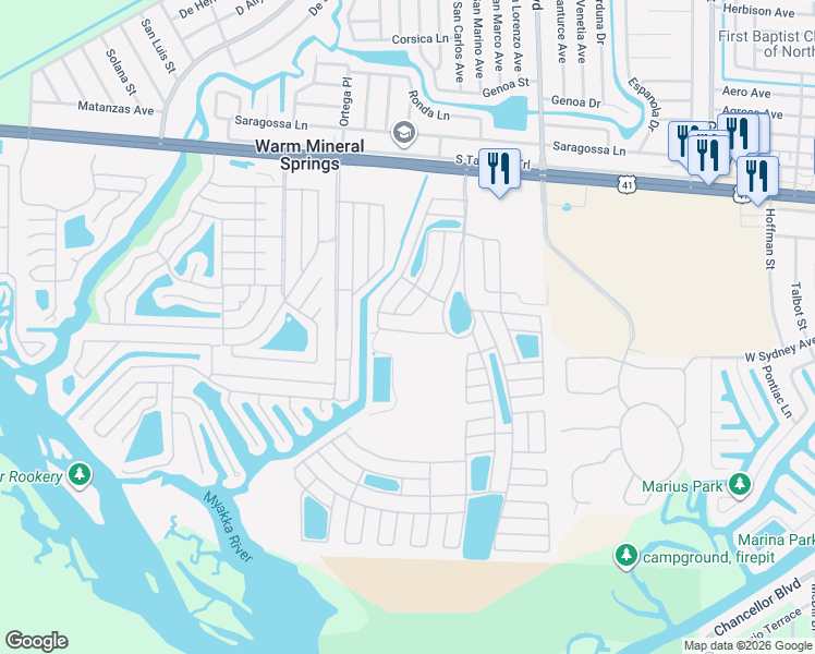 map of restaurants, bars, coffee shops, grocery stores, and more near 312 La Rosas in North Port