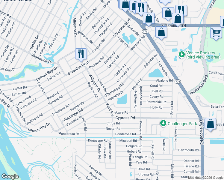 map of restaurants, bars, coffee shops, grocery stores, and more near 4631 Crystal Road in Venice