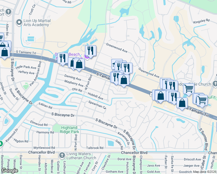 map of restaurants, bars, coffee shops, grocery stores, and more near 14506 Tamiami Trail in North Port