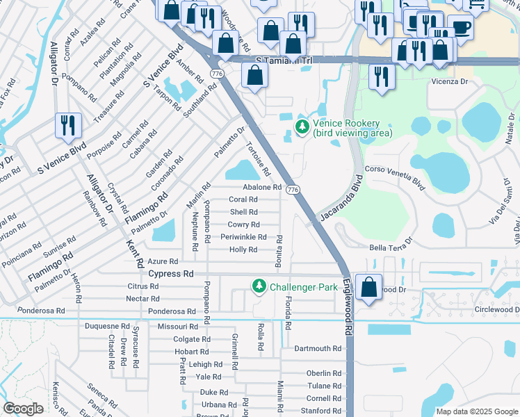 map of restaurants, bars, coffee shops, grocery stores, and more near 160 Shell Road in Venice