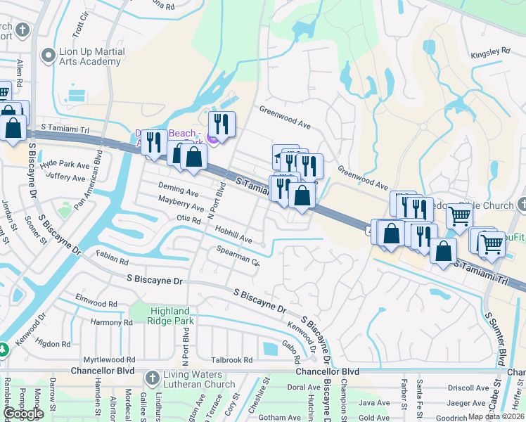 map of restaurants, bars, coffee shops, grocery stores, and more near 6210 Landover Terrace in North Port
