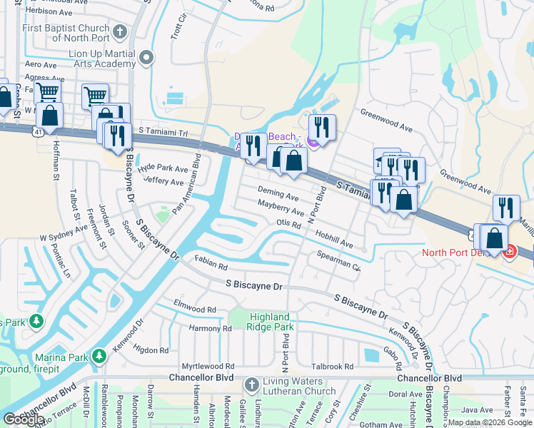 map of restaurants, bars, coffee shops, grocery stores, and more near 6143 Mayberry Avenue in North Port