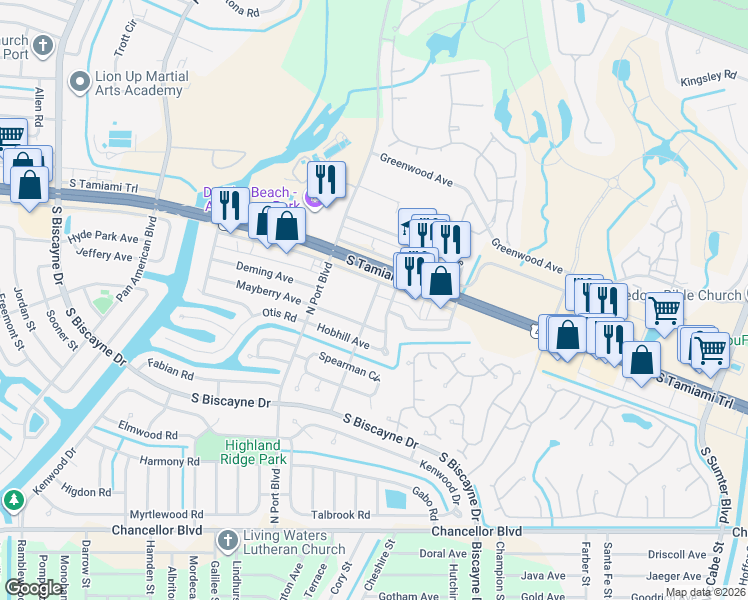 map of restaurants, bars, coffee shops, grocery stores, and more near 6210 Landover Terrace in North Port