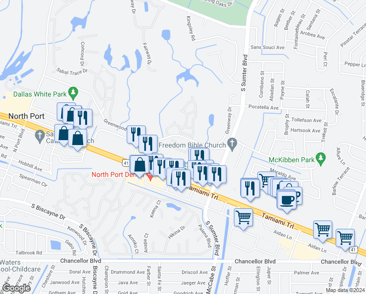 map of restaurants, bars, coffee shops, grocery stores, and more near 5237 Niblick Place in North Port