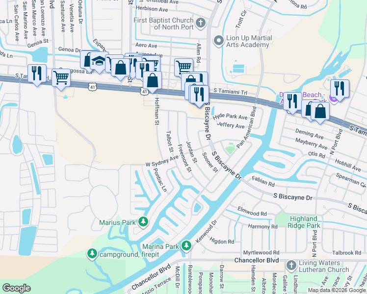 map of restaurants, bars, coffee shops, grocery stores, and more near 6270 Jordan Street in North Port