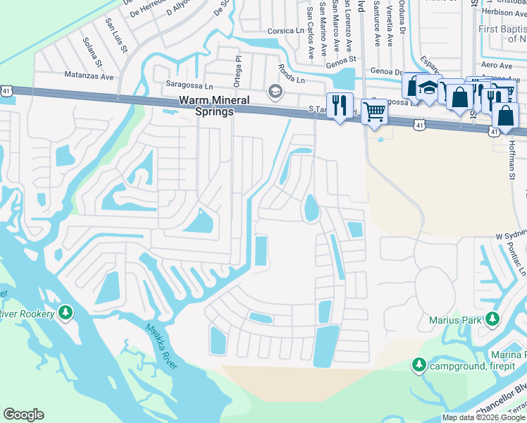 map of restaurants, bars, coffee shops, grocery stores, and more near 341 La Rosas in North Port