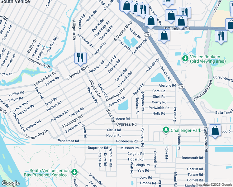 map of restaurants, bars, coffee shops, grocery stores, and more near 605 Flamingo Road in Venice