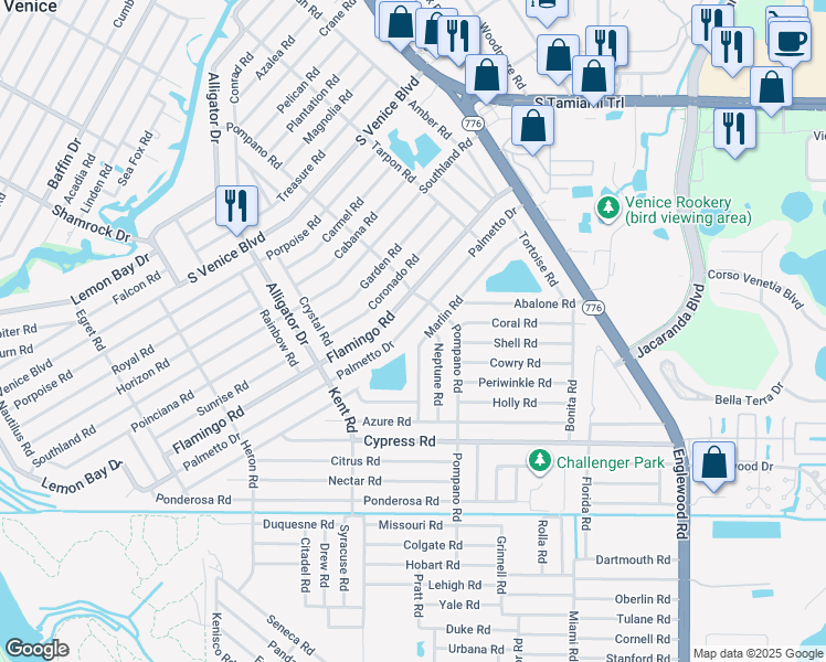 map of restaurants, bars, coffee shops, grocery stores, and more near 485 Palmetto Drive in Venice