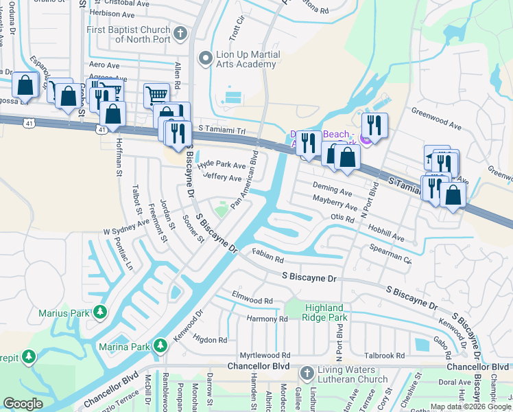 map of restaurants, bars, coffee shops, grocery stores, and more near 6320 Safford Terrace in North Port