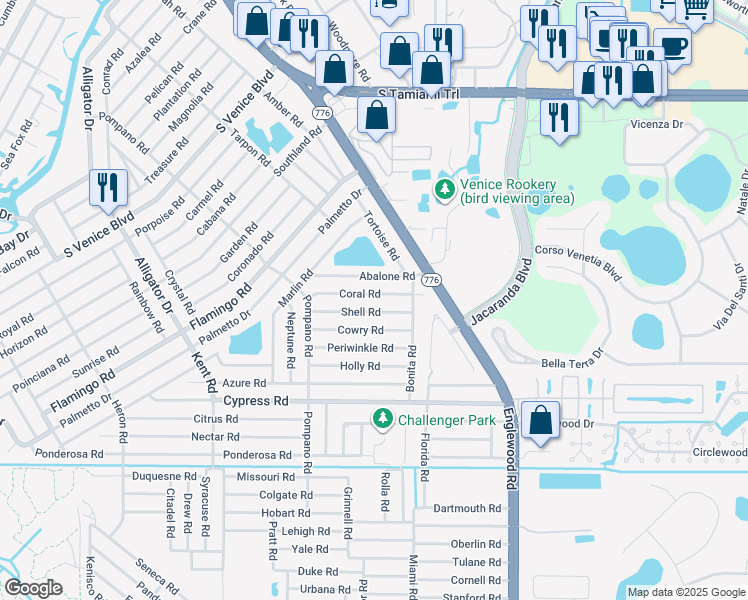 map of restaurants, bars, coffee shops, grocery stores, and more near 163 Coral Road in Venice