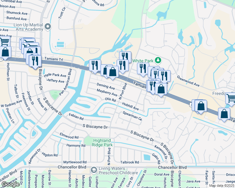 map of restaurants, bars, coffee shops, grocery stores, and more near 6046 Mayberry Avenue in North Port