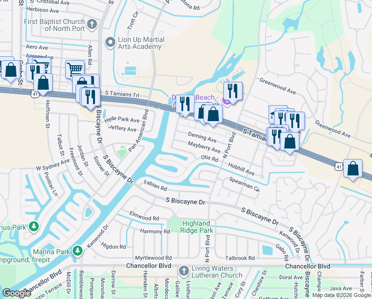 map of restaurants, bars, coffee shops, grocery stores, and more near 6242 Morning Avenue in North Port