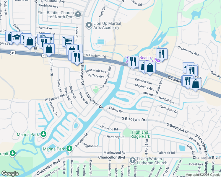map of restaurants, bars, coffee shops, grocery stores, and more near 6320 Safford Terrace in North Port