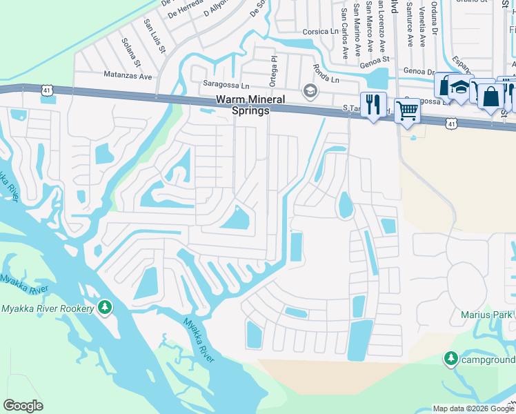 map of restaurants, bars, coffee shops, grocery stores, and more near 44 Compass Point in North Port