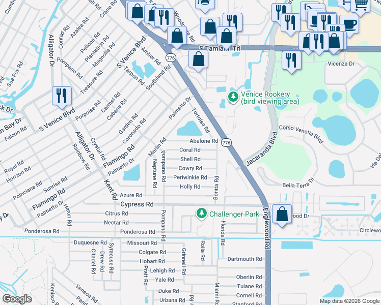 map of restaurants, bars, coffee shops, grocery stores, and more near 163 Coral Road in Venice