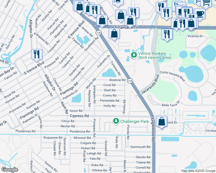 map of restaurants, bars, coffee shops, grocery stores, and more near 163 Coral Road in Venice