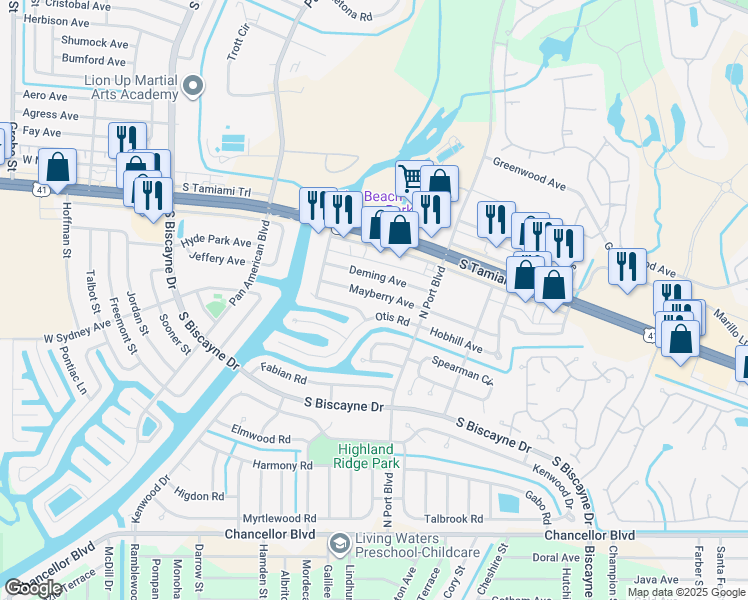 map of restaurants, bars, coffee shops, grocery stores, and more near 6143 Mayberry Avenue in North Port