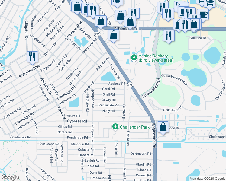 map of restaurants, bars, coffee shops, grocery stores, and more near 163 Coral Road in Venice