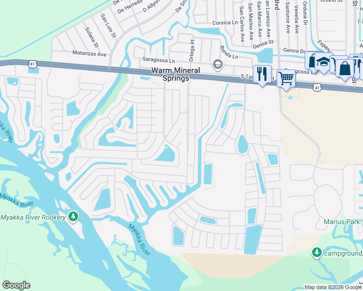 map of restaurants, bars, coffee shops, grocery stores, and more near 44 Compass Point in North Port