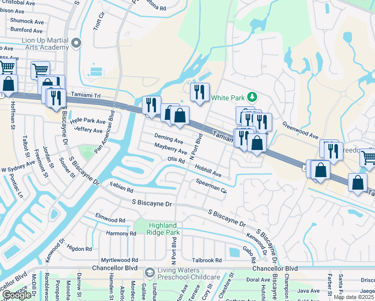 map of restaurants, bars, coffee shops, grocery stores, and more near 6046 Mayberry Avenue in North Port