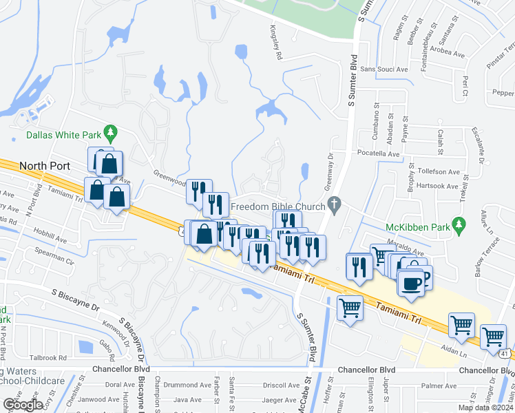 map of restaurants, bars, coffee shops, grocery stores, and more near 5237 Niblick Place in North Port
