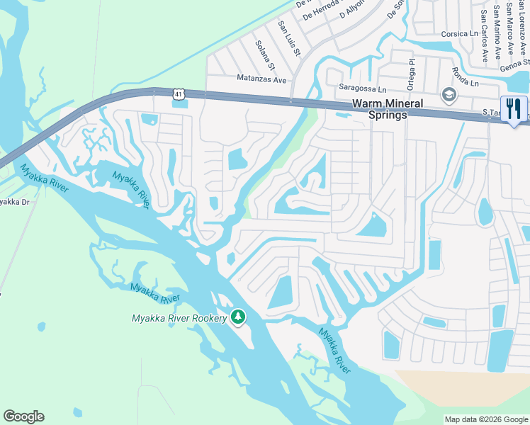 map of restaurants, bars, coffee shops, grocery stores, and more near 551 Amberjack Drive in Venice