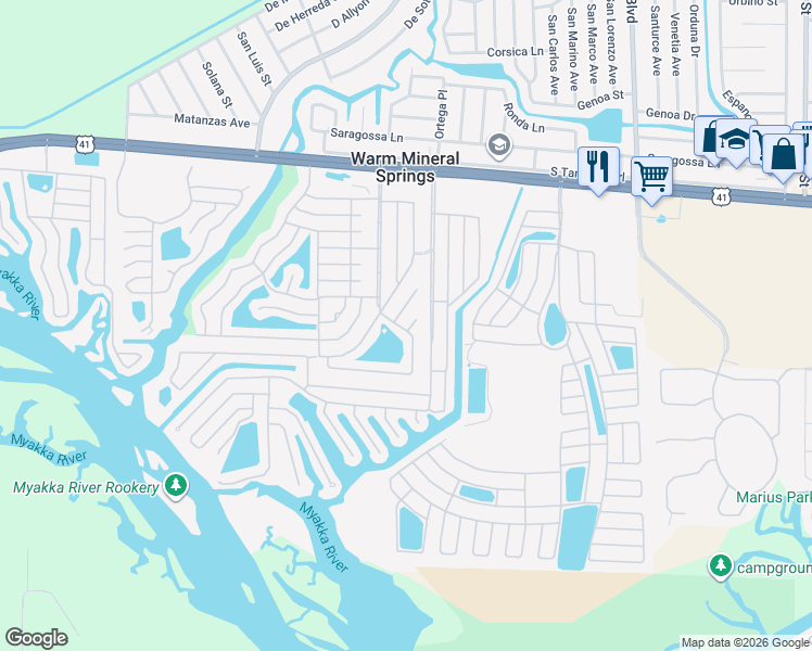 map of restaurants, bars, coffee shops, grocery stores, and more near 44 Compass Point in North Port