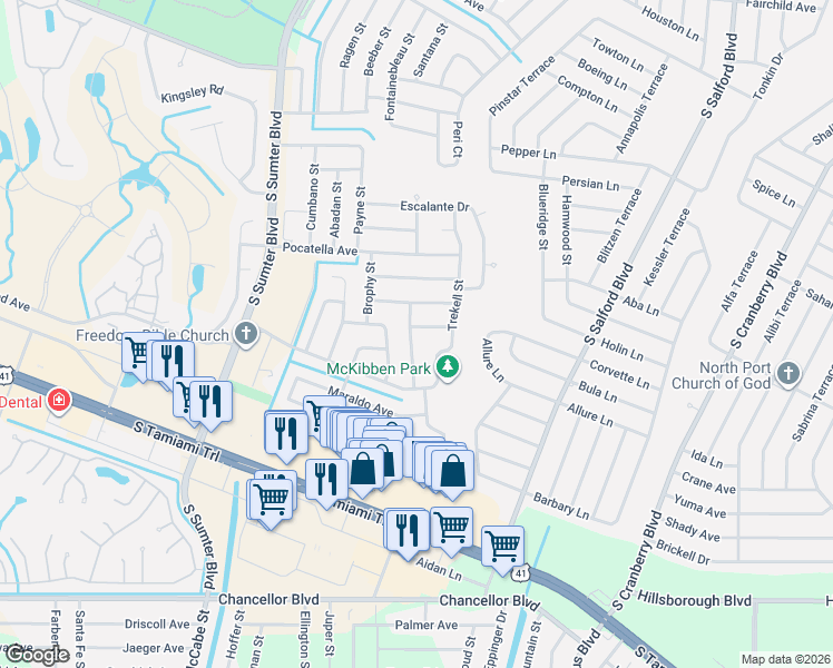 map of restaurants, bars, coffee shops, grocery stores, and more near 5360 Malamin Road in North Port