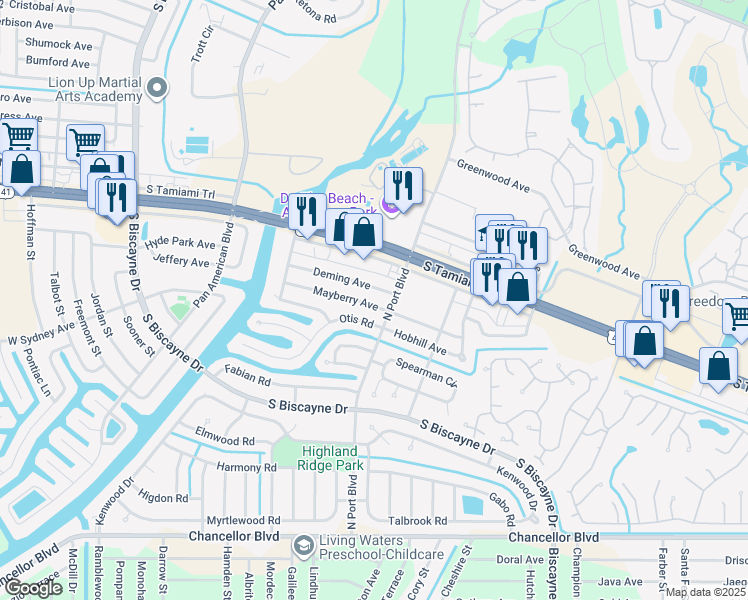 map of restaurants, bars, coffee shops, grocery stores, and more near 6046 Mayberry Avenue in North Port