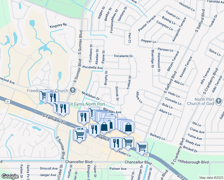 map of restaurants, bars, coffee shops, grocery stores, and more near 5360 Malamin Road in North Port