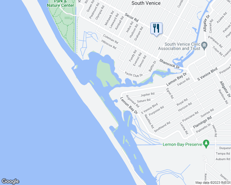 map of restaurants, bars, coffee shops, grocery stores, and more near 4700 Lemon Bay Drive in Venice