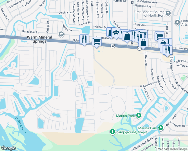 map of restaurants, bars, coffee shops, grocery stores, and more near 435 Loma Linda in North Port