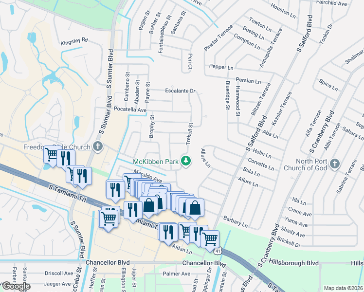 map of restaurants, bars, coffee shops, grocery stores, and more near 4243 Hokan Avenue in North Port