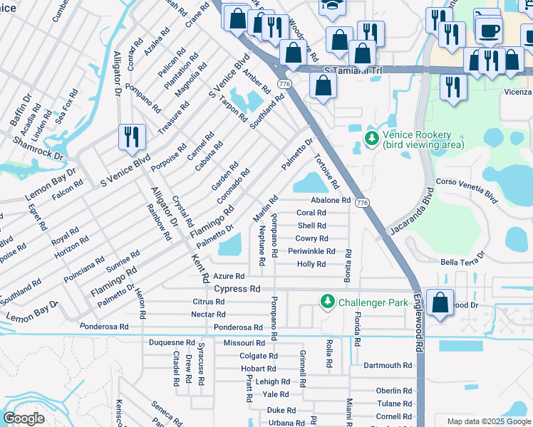 map of restaurants, bars, coffee shops, grocery stores, and more near 4616 Pompano Road in Venice