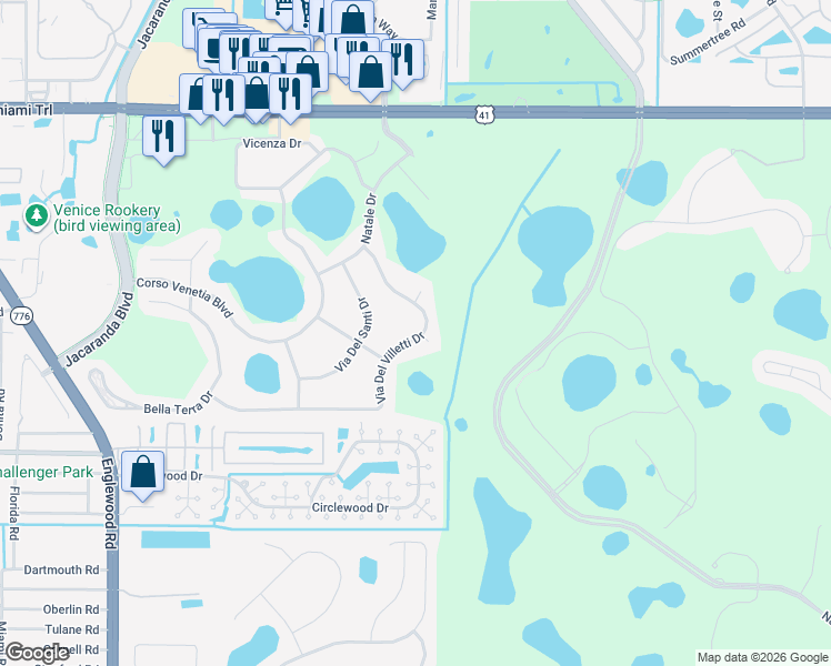 map of restaurants, bars, coffee shops, grocery stores, and more near 4423 Via Del Villetti Drive in Venice